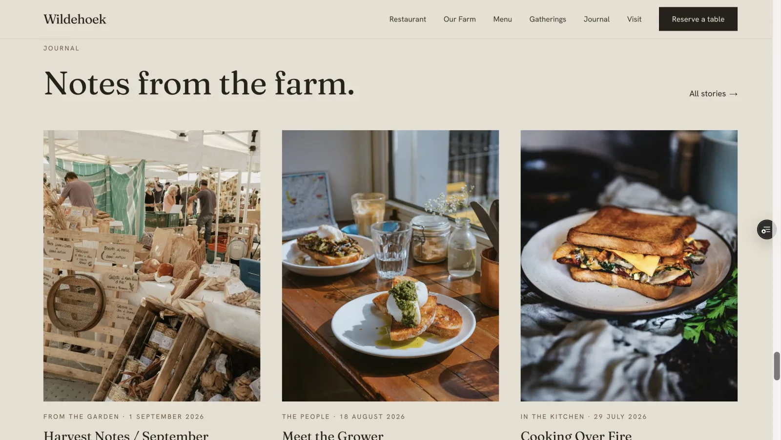 Wildehoek website Journal section with farm story articles